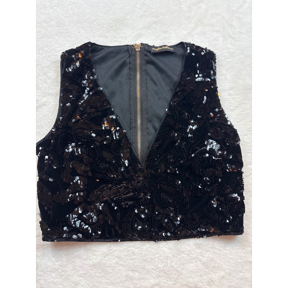 Kaylee Kollection Black Sequin Velvet Crop Top V-Neck Back Zip JS1135 Sample